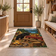 Black Bear Campsite Picnic rug in an entryway with a wooden door and bench