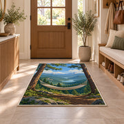 Hammock Between Pines rug in an entryway with a wooden door and bench