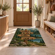 Camping Trail Signpost rug in an entryway with a wooden door and bench