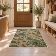 Topographic Trail Map rug in an entryway with a wooden door and bench