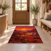 RV Red Rock Desert Sunset rug in an entryway with a wooden door and bench