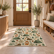 Camping Gear Pattern rug in an entryway with a wooden door and bench