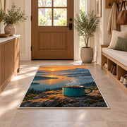 Steaming Camp Mug at Dawn rug in an entryway with a wooden door and bench