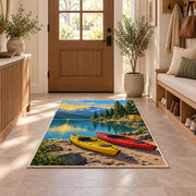 Kayaks on the Lakeshore rug in an entryway with a wooden door and bench