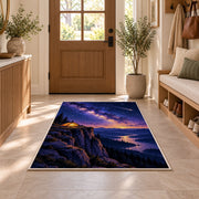 Tent on Cliff with Shooting Star rug in an entryway with a wooden door and bench