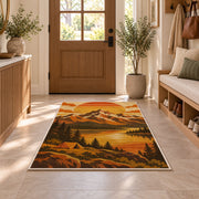 Retro 70s Mountain Sunset rug in an entryway with a wooden door and bench