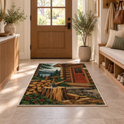 Firewood and Axe by Cabin rug in an entryway with a wooden door and bench
