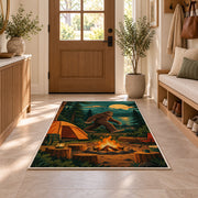 Bigfoot Campsite rug in an entryway with a wooden door and bench
