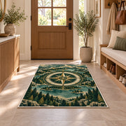 Compass in Mountain Forest Ring rug in an entryway with a wooden door and bench