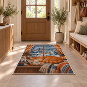 Orange Cat Snowy Window rug in an entryway with a wooden door and bench