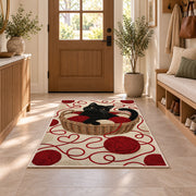 Black Cat Yarn Basket rug in an entryway with a wooden door and bench