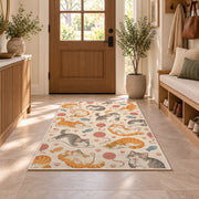 Lazy Cats Pattern rug in an entryway with a wooden door and bench