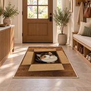 Calico Cat in a Box rug in an entryway with a wooden door and bench