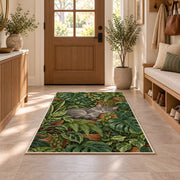 Gray Cat Houseplants rug in an entryway with a wooden door and bench
