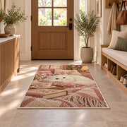 White Cat and Tea rug in an entryway with a wooden door and bench