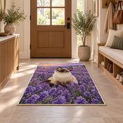 Siamese Cat Lavender rug in an entryway with a wooden door and bench