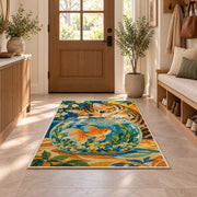 Tabby Cat and Goldfish rug in an entryway with a wooden door and bench