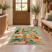 Cat Tree Playground rug in an entryway with a wooden door and bench