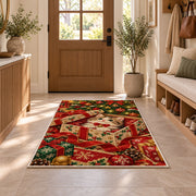 Kitten in Christmas Gift rug in an entryway with a wooden door and bench