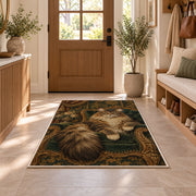 Maine Coon on Velvet Chair rug in an entryway with a wooden door and bench