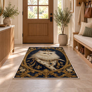Royal Persian Cat Portrait rug in an entryway with a wooden door and bench