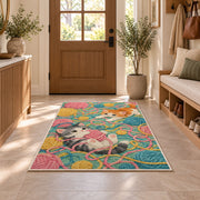 Kittens Tangled in Yarn rug in an entryway with a wooden door and bench