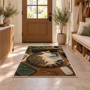 Cat Napping on Laptop rug in an entryway with a wooden door and bench