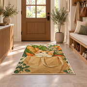 Cat in Grocery Bag rug in an entryway with a wooden door and bench