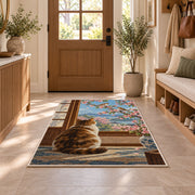 Cat Watching Sparrows rug in an entryway with a wooden door and bench