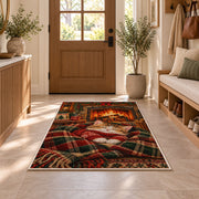 Sweater Kitten by Fireplace rug in an entryway with a wooden door and bench