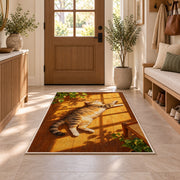 Tabby Cat Sunbathing rug in an entryway with a wooden door and bench