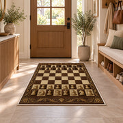 classic wooden chessboard rug in an entryway with a wooden door and bench