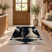 black king and white queen chess pieces rug in an entryway with a wooden door and bench