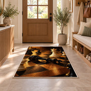 checkmate chess scene rug in an entryway with a wooden door and bench