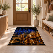 glowing glass chess pieces rug in an entryway with a wooden door and bench