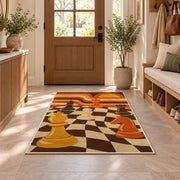 retro 70s chessboard rug in an entryway with a wooden door and bench