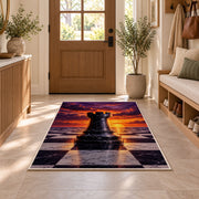 rook chess piece at sunset rug in an entryway with a wooden door and bench