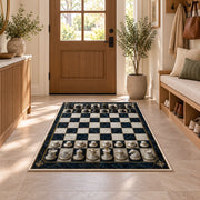 marble chessboard rug in an entryway with a wooden door and bench