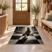 pawn with queen shadow chess rug in an entryway with a wooden door and bench