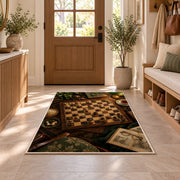 chessboard on a study desk rug in an entryway with a wooden door and bench