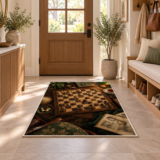 chessboard on a study desk rug in an entryway with a wooden door and bench