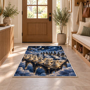 chessboard in the starry sky rug in an entryway with a wooden door and bench