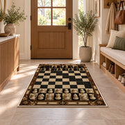 full chess set rug in an entryway with a wooden door and bench