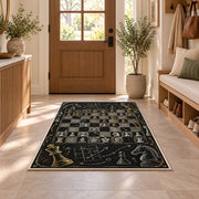 chalkboard chess strategy rug in an entryway with a wooden door and bench