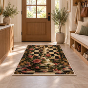 chess queen wrapped in roses rug in an entryway with a wooden door and bench