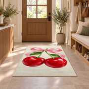 Cherry Bow Rug in an entryway with a wooden door and bench