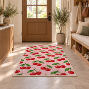 Cherry Pattern Rug in an entryway with a wooden door and bench