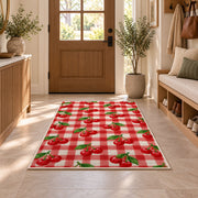 Gingham Cherry Rug in an entryway with a wooden door and bench