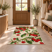 Cherry Branch Rug in an entryway with a wooden door and bench
