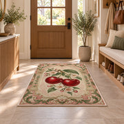 Cherry Arch Rug in an entryway with a wooden door and bench